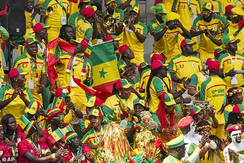 Senegal supporters cheer at the stand during the African Cup of Nations Group C soccer match between Senegal and Gambia at the Charles Konan Banny stadium in Yamoussoukro, Ivory Coast, Monday, Jan. 15, 2024. (AP Photo/Sunday Alamba)