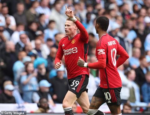 LONDON, ENGLAND - APRIL 21: Scott McTominay of Manchester United celebrates 1st goal during the Emirates FA Cup Semi Final match between Coventry City and Manchester United at Wembley Stadium on April 21, 2024 in London. (Photo by Ed Sykes/Sportsphoto/Allstar via Getty Images)