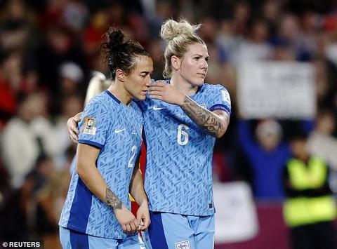 After the match, captain Millie Bright (right) was seen putting her arm around a dejected Lucy Bronze (left)