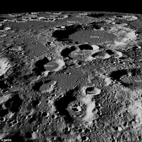 NASA photo of the site where Chandrayaan-2 was supposed to make a landing in 2019 - between the southern craters of Manzinus C and Simpelius N. It s thought this is where Chandrayaan-3 has landed