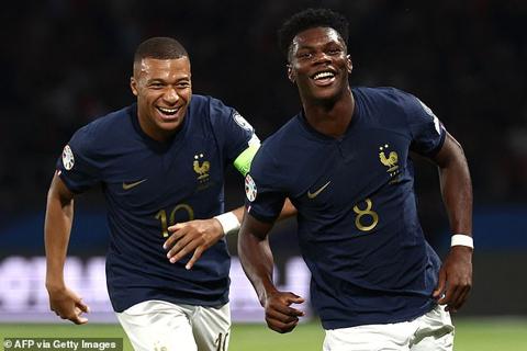 Tchouameni was congratulated by captain Kylian Mbappe (left) after finding the net superbly