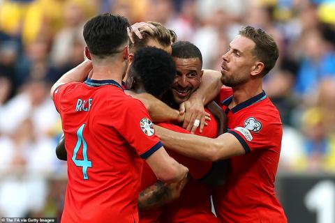 He was mobbed by team-mates after becoming the second-oldest player to score his first goal for England after Jimmy Moore