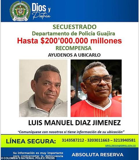 Colombian police offered a reward for information related to the kidnapping of Diaz s father