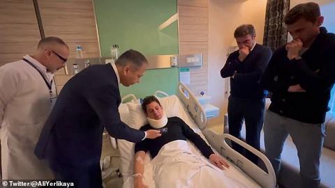 The referee at the centre of the Turkish football shutdown has been pictured for the first time in hospital after he was punched to the ground and kicked in the face at the end of a match