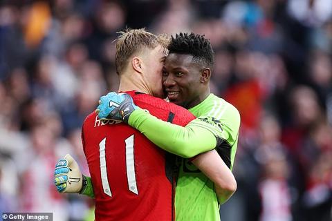 Onana (right) saved one of Coventry s penalties before seeing another fly high over his bar