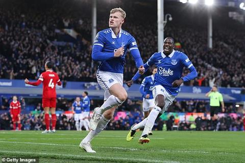 Jarrad Branthwaite gave Everton a richly-deserved lead after 27 minutes of a frenetic Merseyside derby
