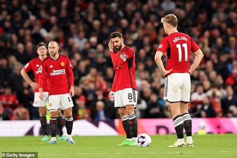 Man United captain Bruno Fernandes (middle) scratches his head after Sheffield United s second goal