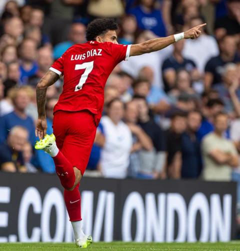 Luis Diaz celebrates opening the scoring at Stamford Bridge.