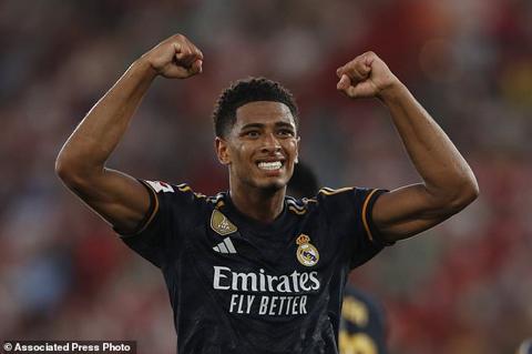Real Madrid s Jude Bellingham celebrates after scoring his side s second goal during a Spanish La Liga soccer match between Almeria and Real Madrid at the Power Horse Stadium in Almeria, Spain, Saturday, Aug. 19, 2023. (AP Photo/Fermin Rodriguez)