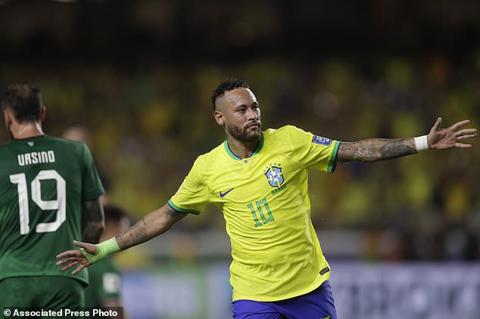 Brazil s Neymar celebrates scoring his side s 5th goal against Bolivia during a qualifying soccer match for the FIFA World Cup 2026 at Mangueirao stadium in Belem, Brazil, Friday, Sept. 8, 2023. (AP Photo/Bruna Prado)