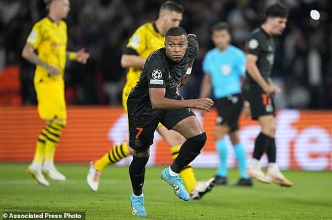 PSG s Kylian Mbappe celebrates after scoring his side s opening goal from a penalty shot during the Champions League group F soccer match between Paris Saint-Germain and Borussia Dortmund, at the Parc des Princes stadium in Paris, France, Tuesday, Sept. 19, 2023. (AP Photo/Michel Euler)