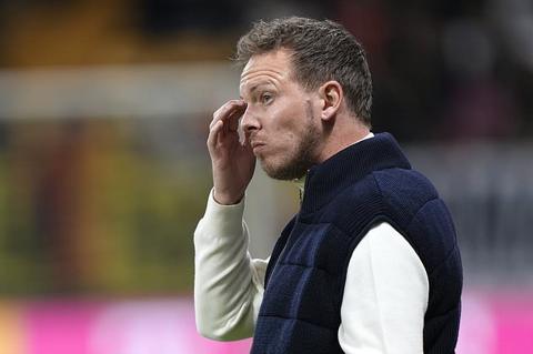 Germany s head coach Julian Nagelsmann concentrates prior the start of the international friendly soccer match between Germany and Netherlands at the Deutsche Bank Park in Frankfurt, Germany on Tuesday, March 26, 2024. (AP Photo/Martin Meissner)