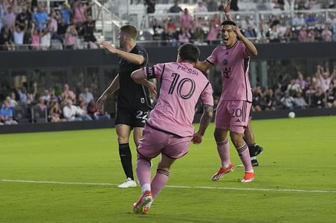 Inter Miami forward Lionel Messi (10) gets up after scoring a goal against Nashville SC during the first half of an MLS soccer match Saturday, April 20, 2024, in Fort Lauderdale, Fla. (AP Photo/Marta Lavandier)